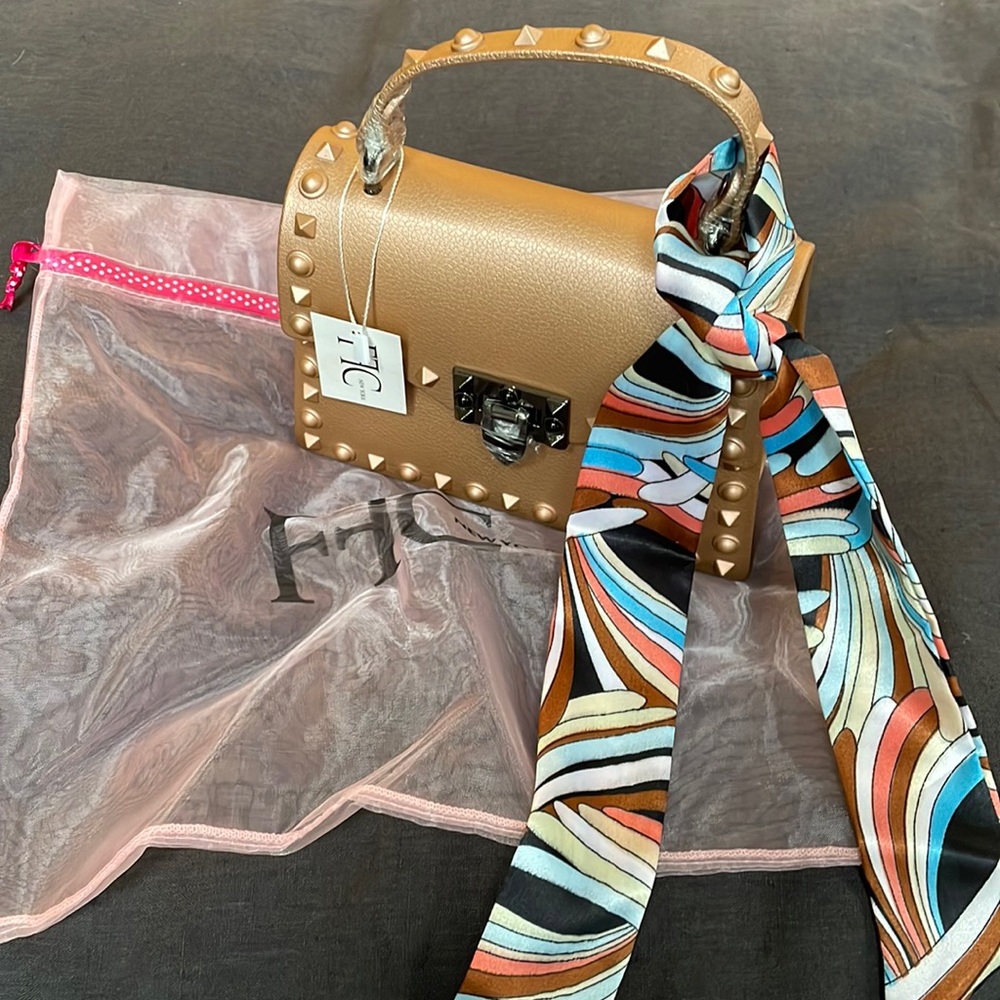 FFC Small Rose Gold Color Handbag, w/ Detachable Strap, Scarf and Dustbag, NWT!